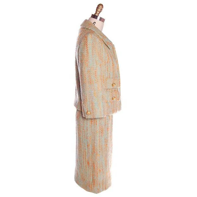 Vintage Orange Aqua Tweed 3 pc Suit Samuel Winston Mollie Abrahamson 1960s 38-25-38