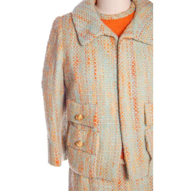 Vintage Orange Aqua Tweed 3 pc Suit Samuel Winston Mollie Abrahamson 1960s 38-25-38