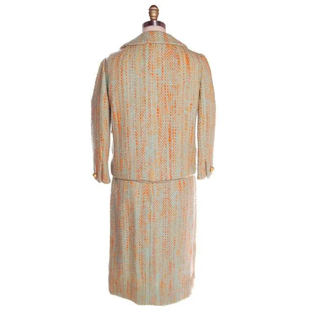 Vintage Orange Aqua Tweed 3 pc Suit Samuel Winston Mollie Abrahamson 1960s 38-25-38