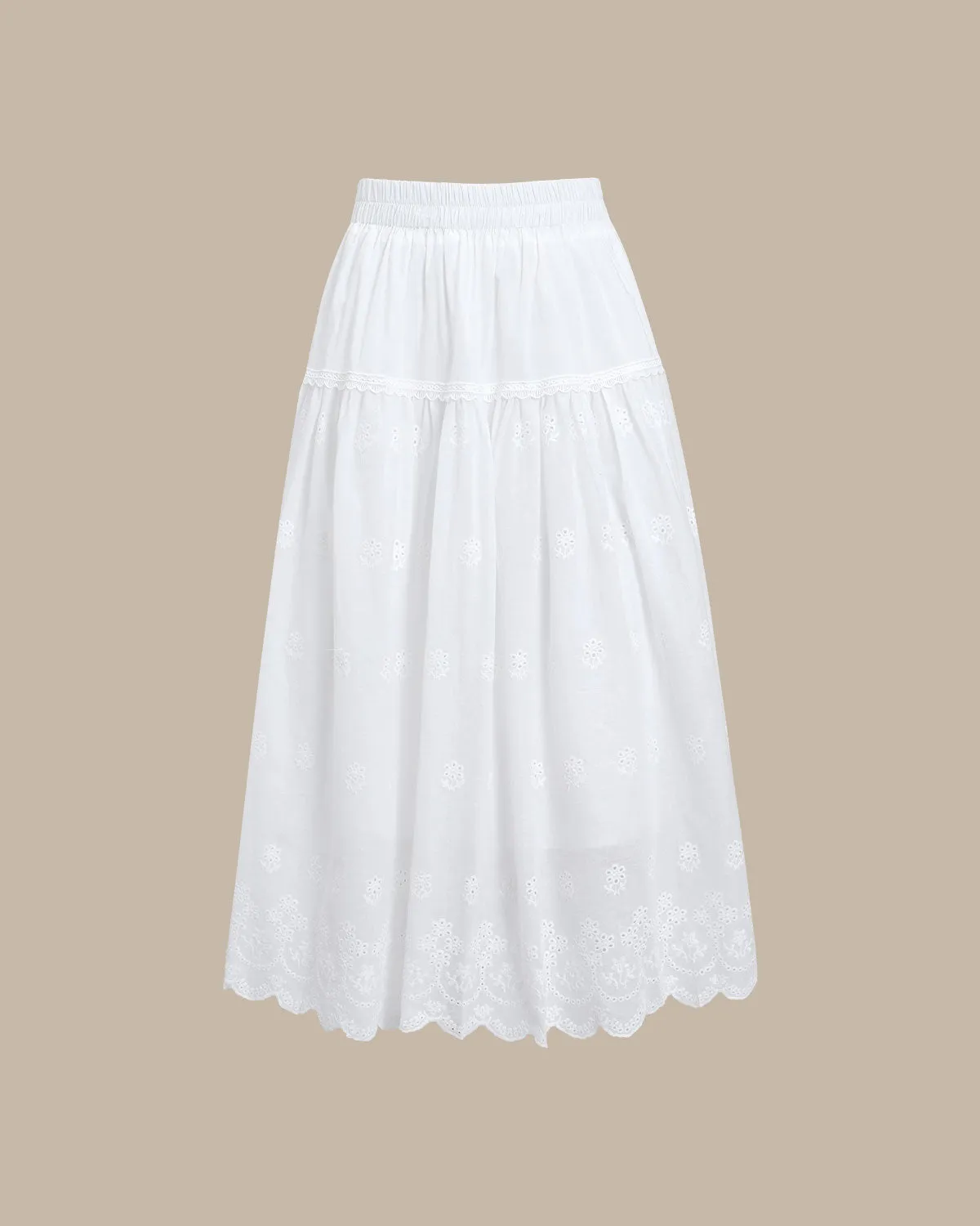 White Embroidery A-Line Midi Skirt