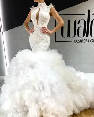 white evening dresses long high neck tiered beaded mermaid modest elegant evening gown robe de soiree