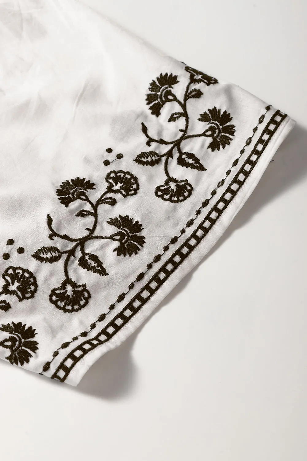 White Floral Embroidered Short Sleeve V Neck Blouse