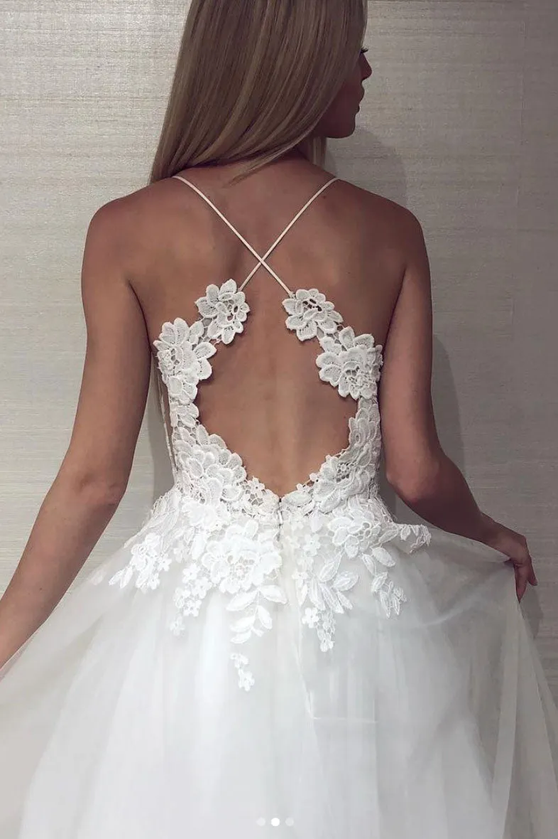 White v neck tulle lace long prom dress, white evening dress