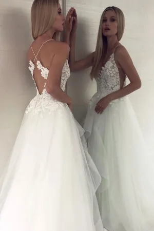 White v neck tulle lace long prom dress, white evening dress
