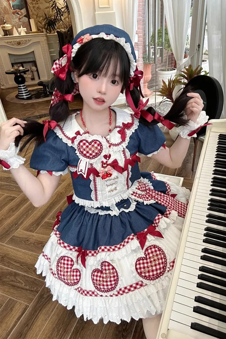 White/Blue/Red [Peach Heart Lilith] Ruffle Bowknot Lace Lace-Up Sweet Lolita Skirt Set