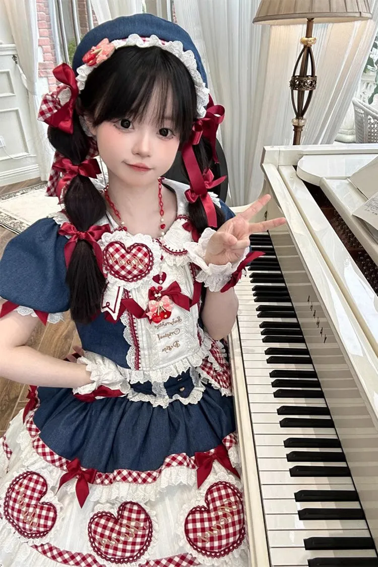 White/Blue/Red [Peach Heart Lilith] Ruffle Bowknot Lace Lace-Up Sweet Lolita Skirt Set