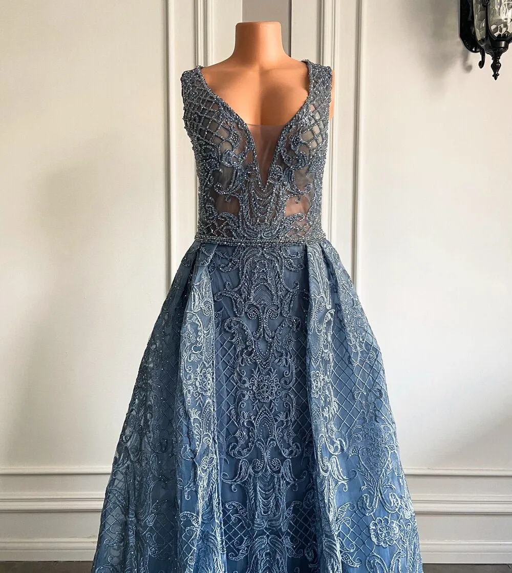 Women Arabic Style Sky Blue Formal Party Evening Gowns