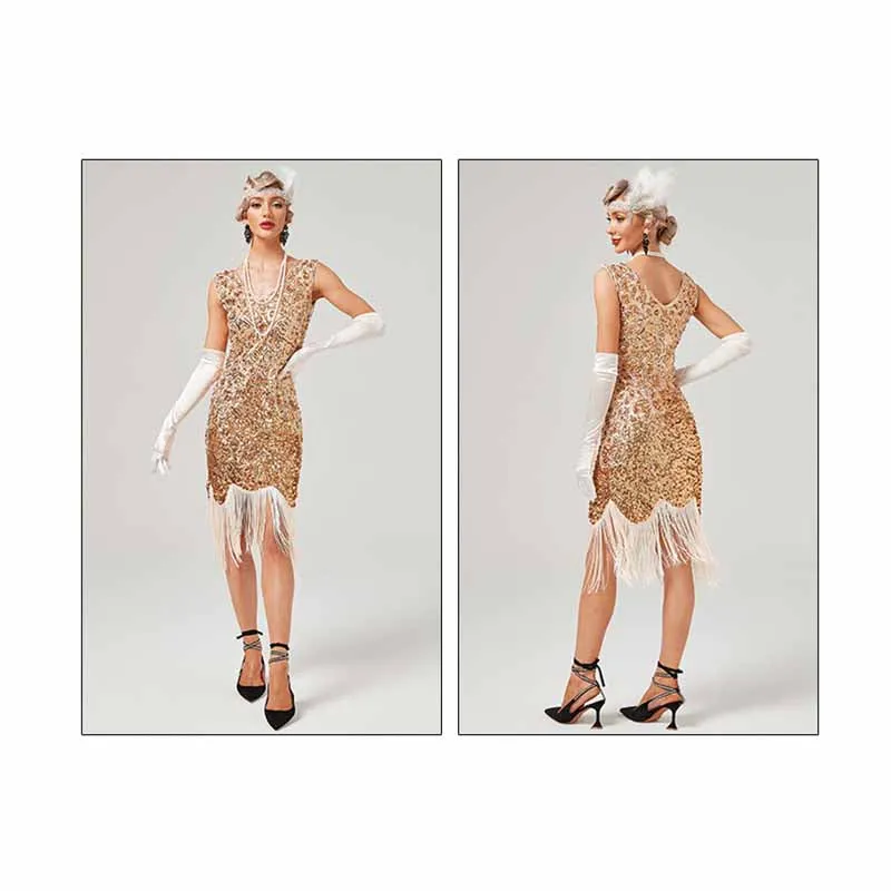 Women’s 1920s Flapper Dress Roaring 20s Sequins Beaded Fringe Gatsby Dress