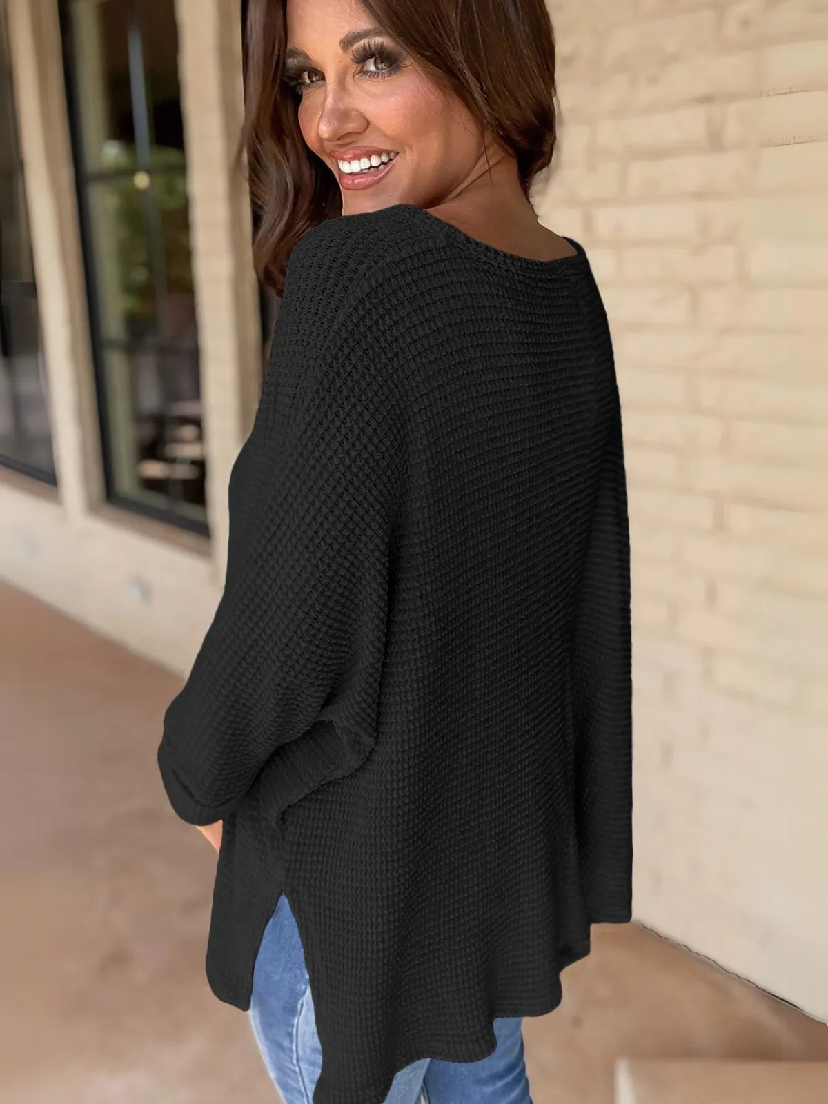 Womens Black Waffle Knit Side Slits Loose Fit V Neck Top