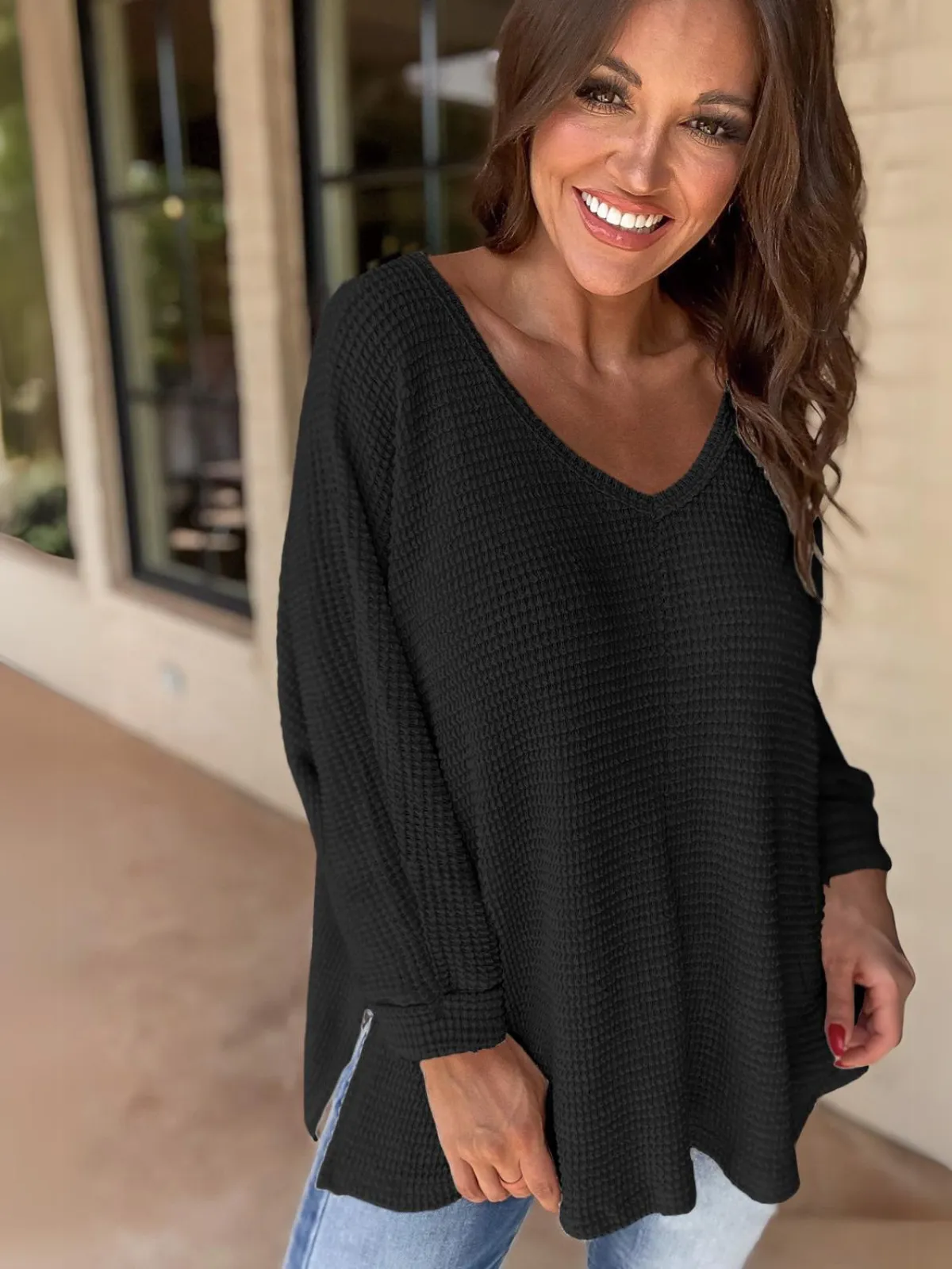 Womens Black Waffle Knit Side Slits Loose Fit V Neck Top