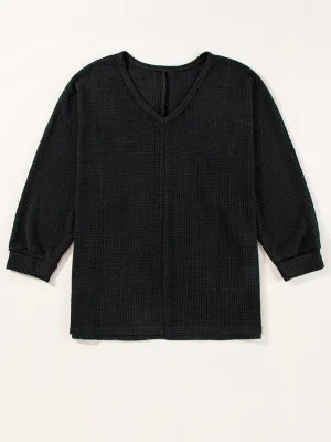 Womens Black Waffle Knit Side Slits Loose Fit V Neck Top
