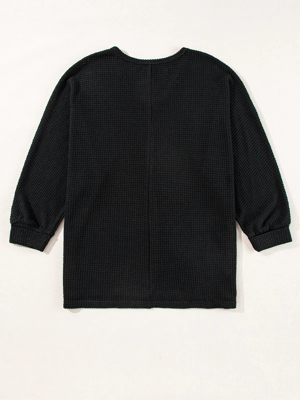 Womens Black Waffle Knit Side Slits Loose Fit V Neck Top