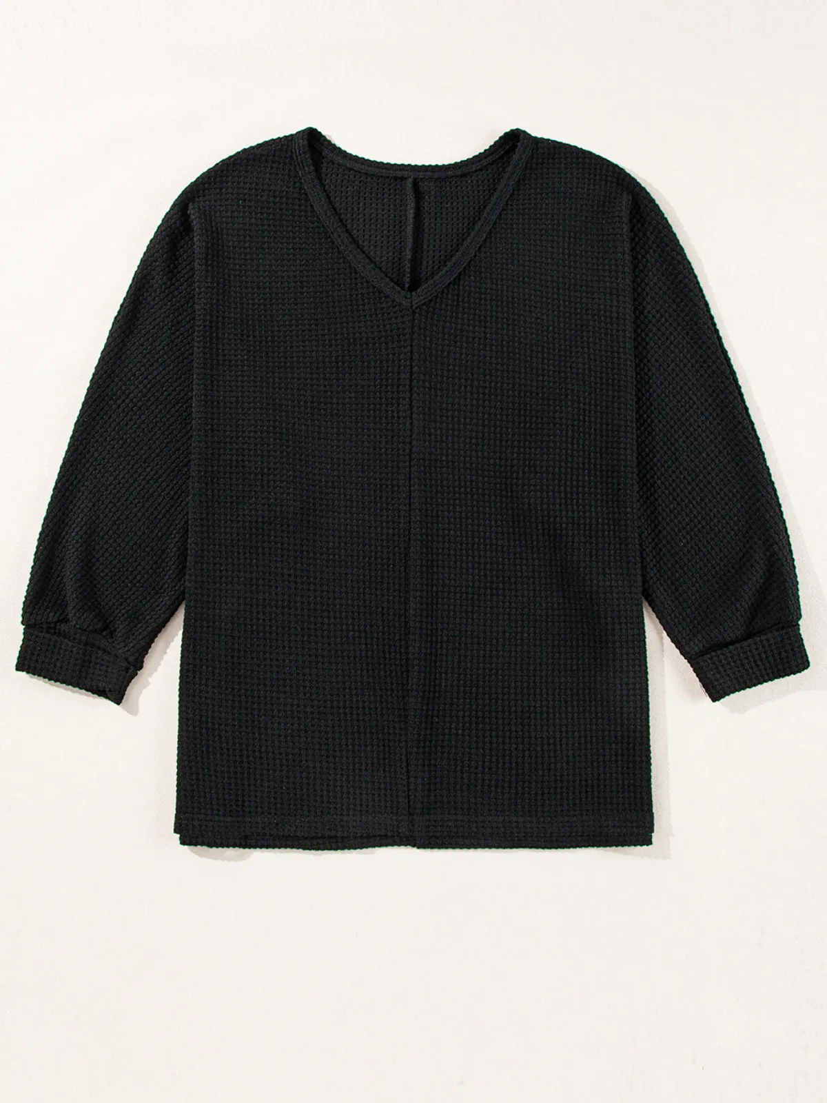 Womens Black Waffle Knit Side Slits Loose Fit V Neck Top