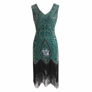 Women's Flapper Dresses 1920s V Neck Beaded Fringed Great Gatsby Dress