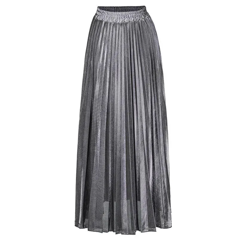 Women's High Elastic Waist Maxi Skirt Metallic Shiny A-line Flare Accordion Pleated Skirt