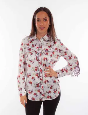 Women's Honey Creek Collection Blouse: Red Floral Print with Fringe