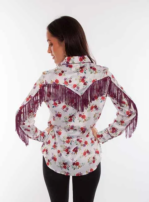 Women's Honey Creek Collection Blouse: Red Floral Print with Fringe