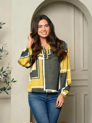 WOMEN'S LONG SLEEVE GEO PRINT SATIN TOP