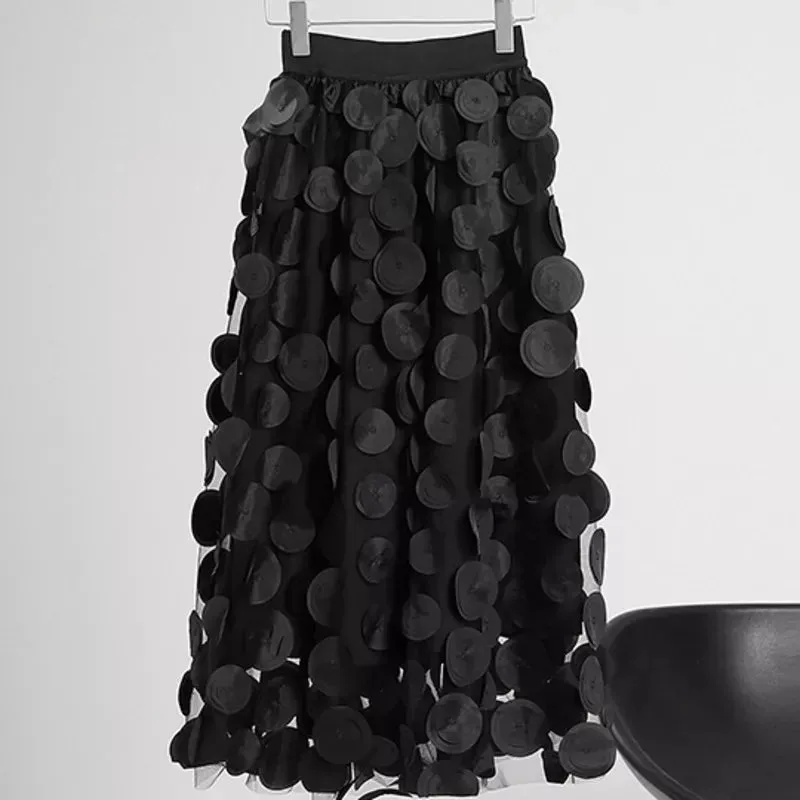 Women's Polka Dot Gauze Elastic Waist Skirt Loose Fit Streetwear Fashion Midi A-Line Mesh Skirt