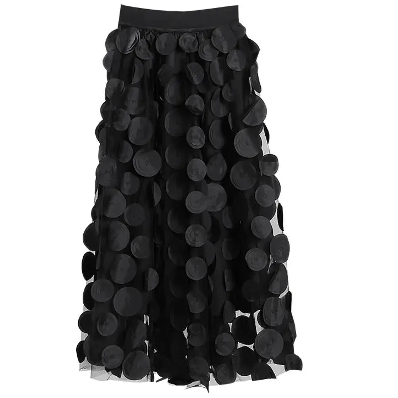 Women's Polka Dot Gauze Elastic Waist Skirt Loose Fit Streetwear Fashion Midi A-Line Mesh Skirt
