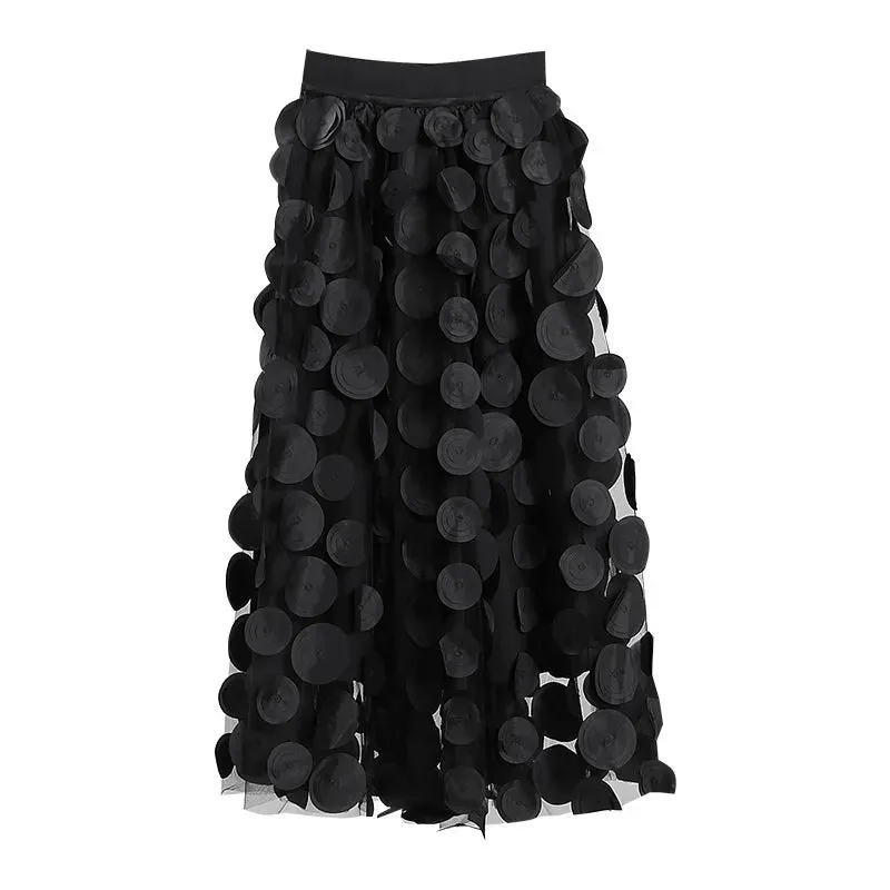 Women's Polka Dot Gauze Elastic Waist Skirt Loose Fit Streetwear Fashion Midi A-Line Mesh Skirt