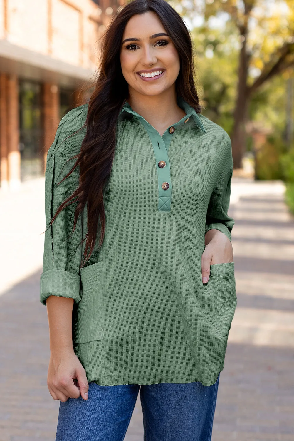 Womens Sage Green Waffle Knit Button-Up Loose-Fit Collar Top