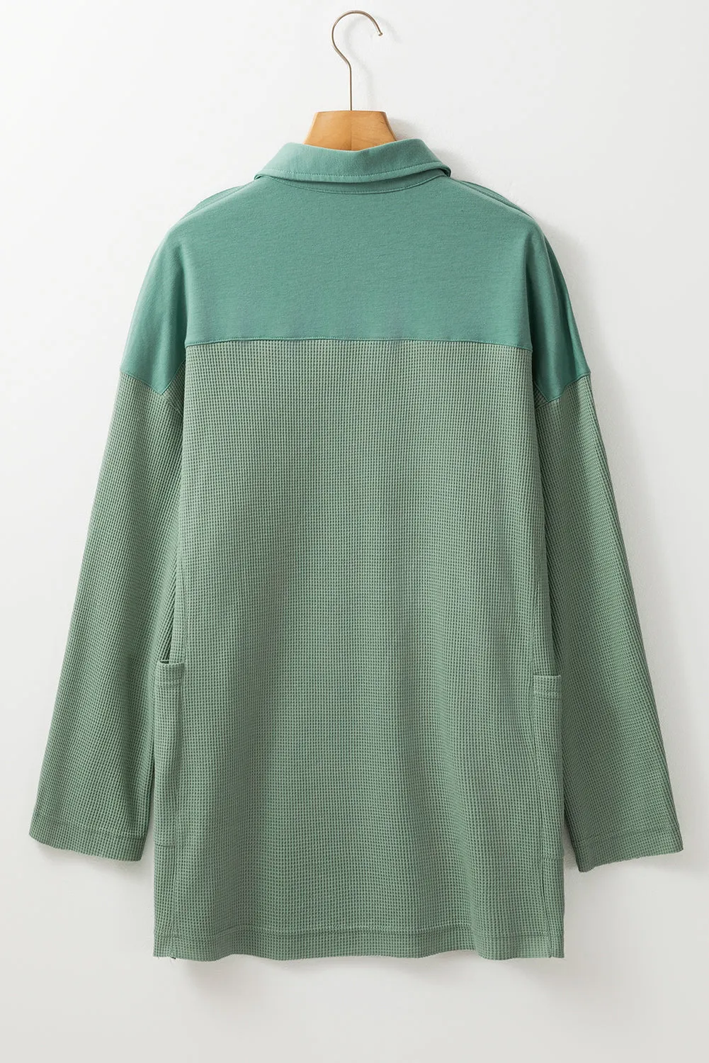 Womens Sage Green Waffle Knit Button-Up Loose-Fit Collar Top