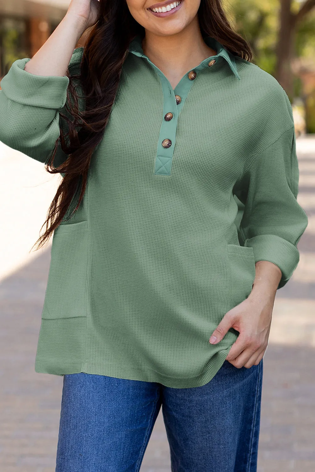 Womens Sage Green Waffle Knit Button-Up Loose-Fit Collar Top