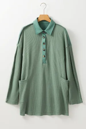 Womens Sage Green Waffle Knit Button-Up Loose-Fit Collar Top
