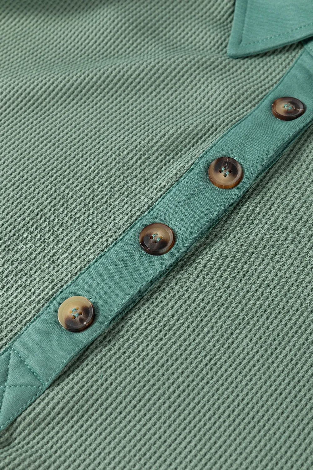 Womens Sage Green Waffle Knit Button-Up Loose-Fit Collar Top