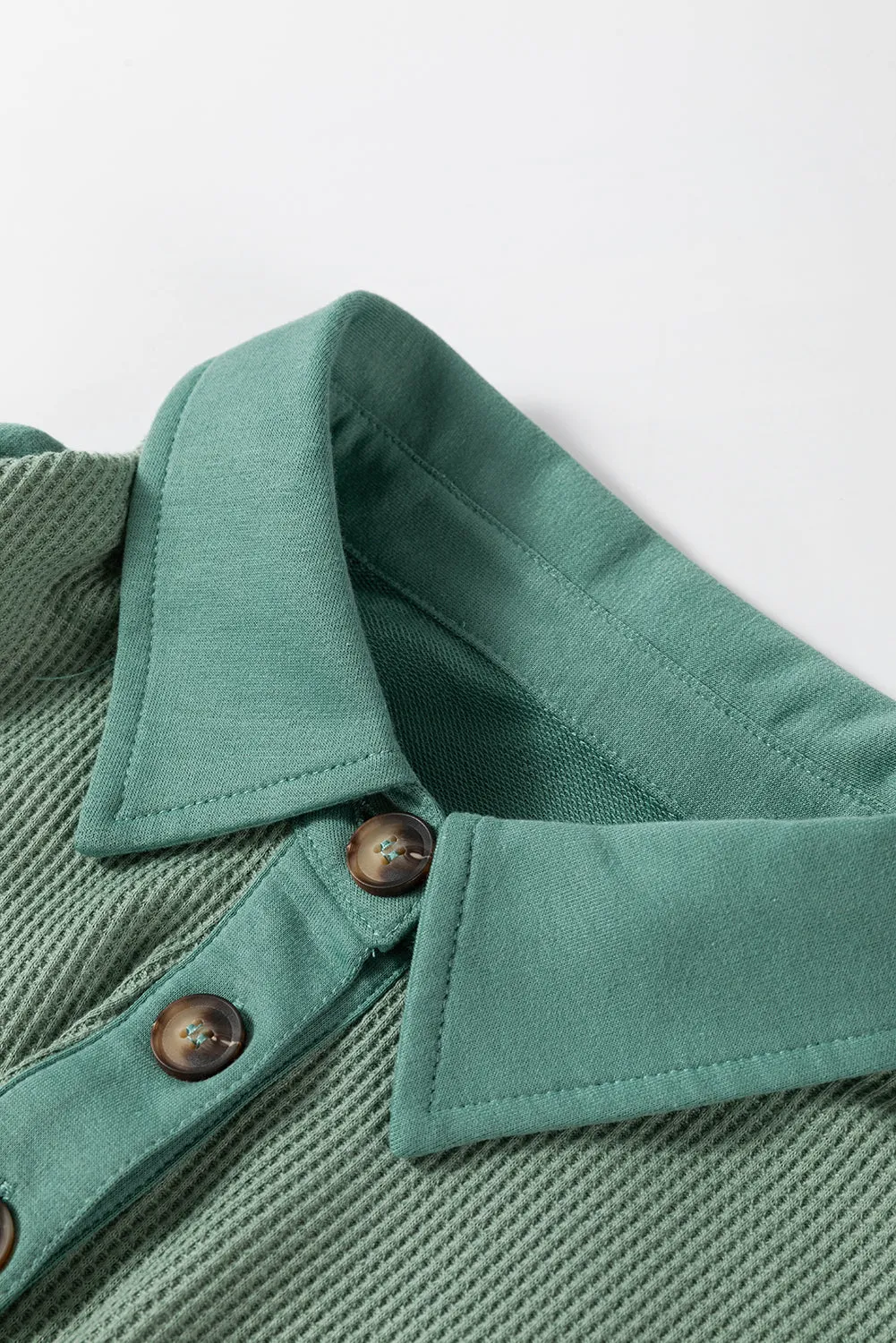 Womens Sage Green Waffle Knit Button-Up Loose-Fit Collar Top