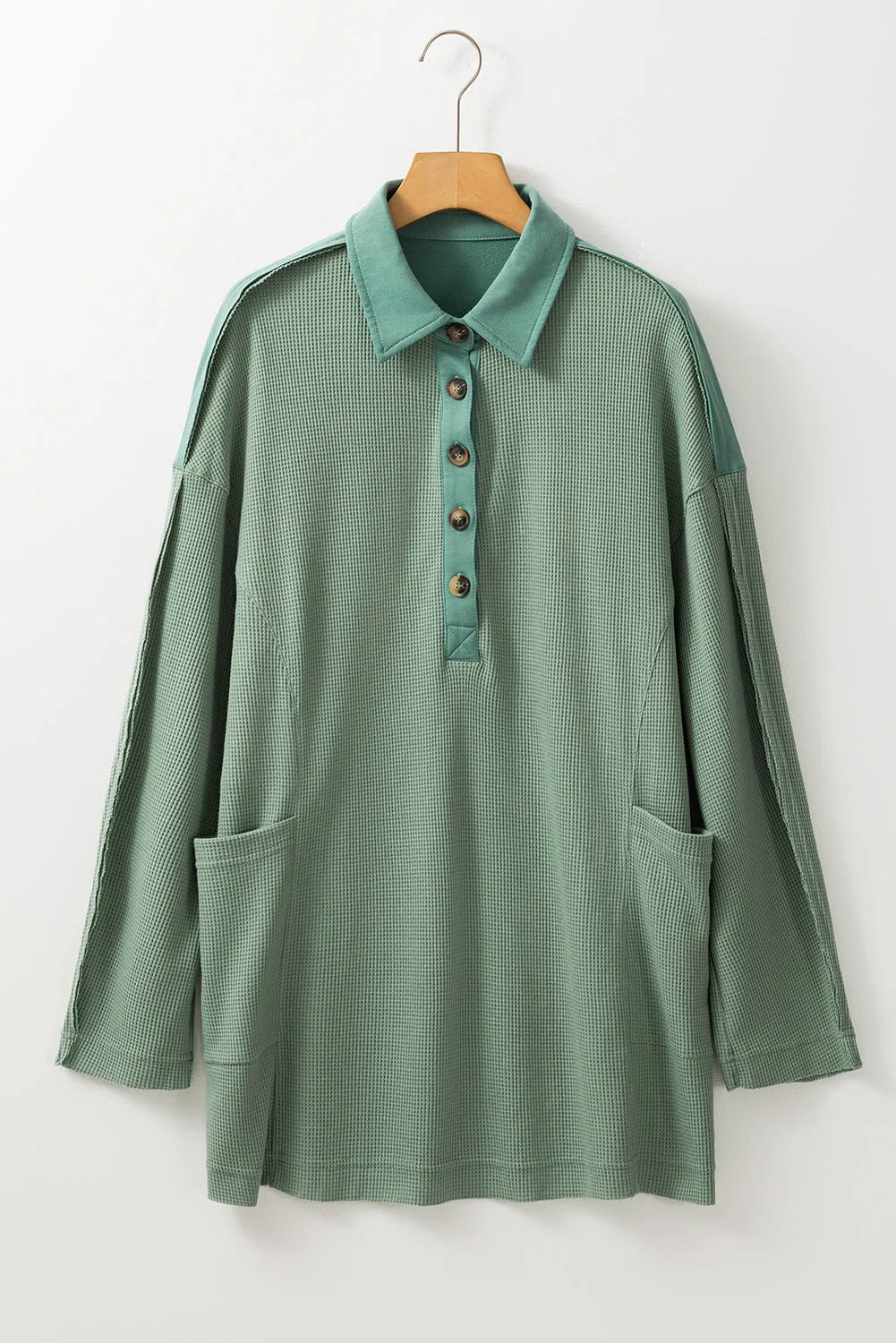 Womens Sage Green Waffle Knit Button-Up Loose-Fit Collar Top
