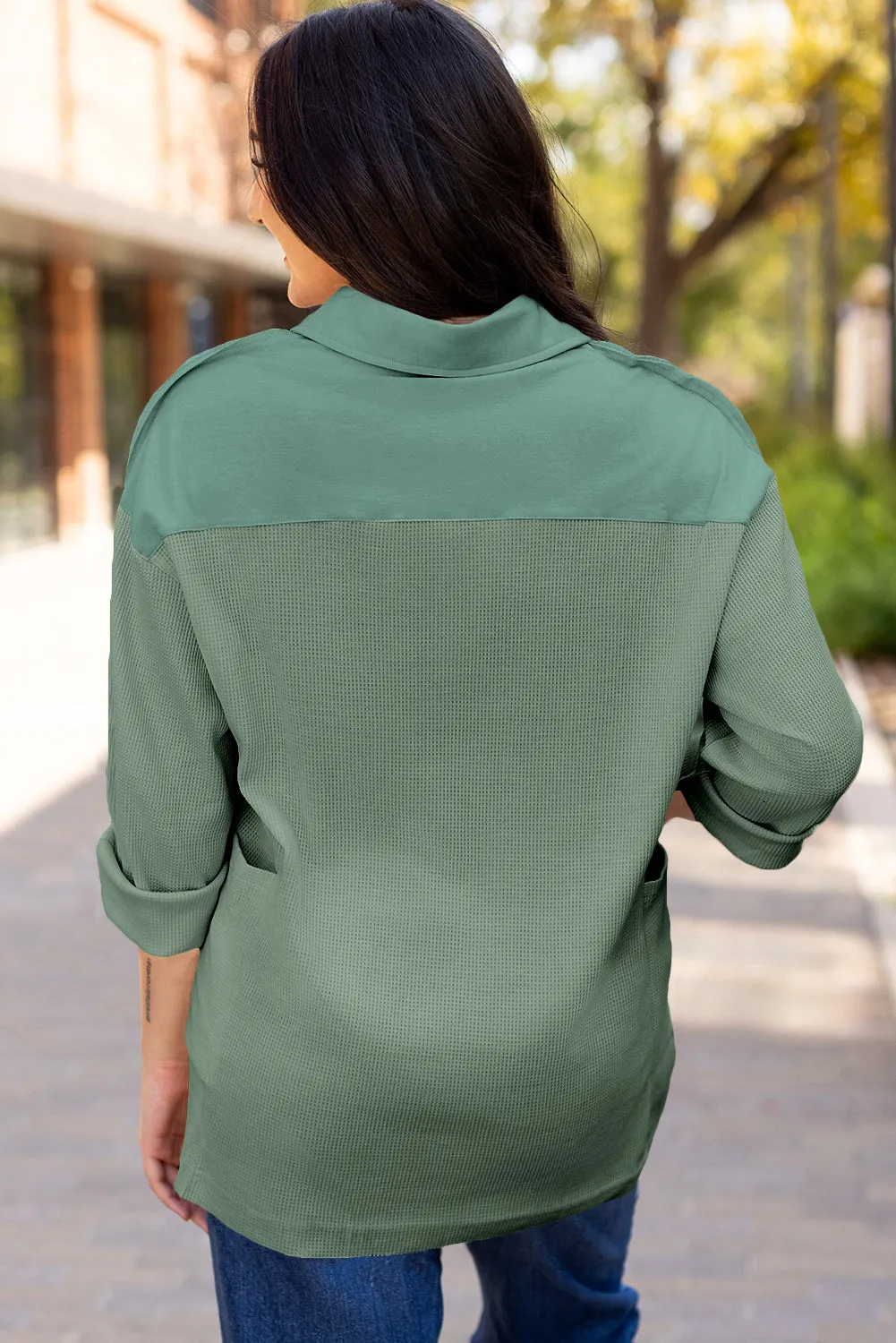 Womens Sage Green Waffle Knit Button-Up Loose-Fit Collar Top