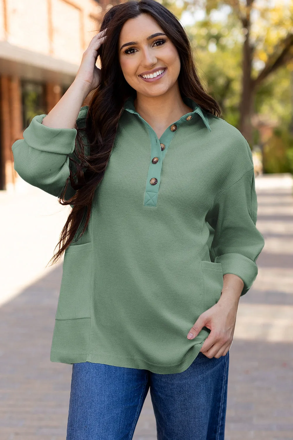 Womens Sage Green Waffle Knit Button-Up Loose-Fit Collar Top
