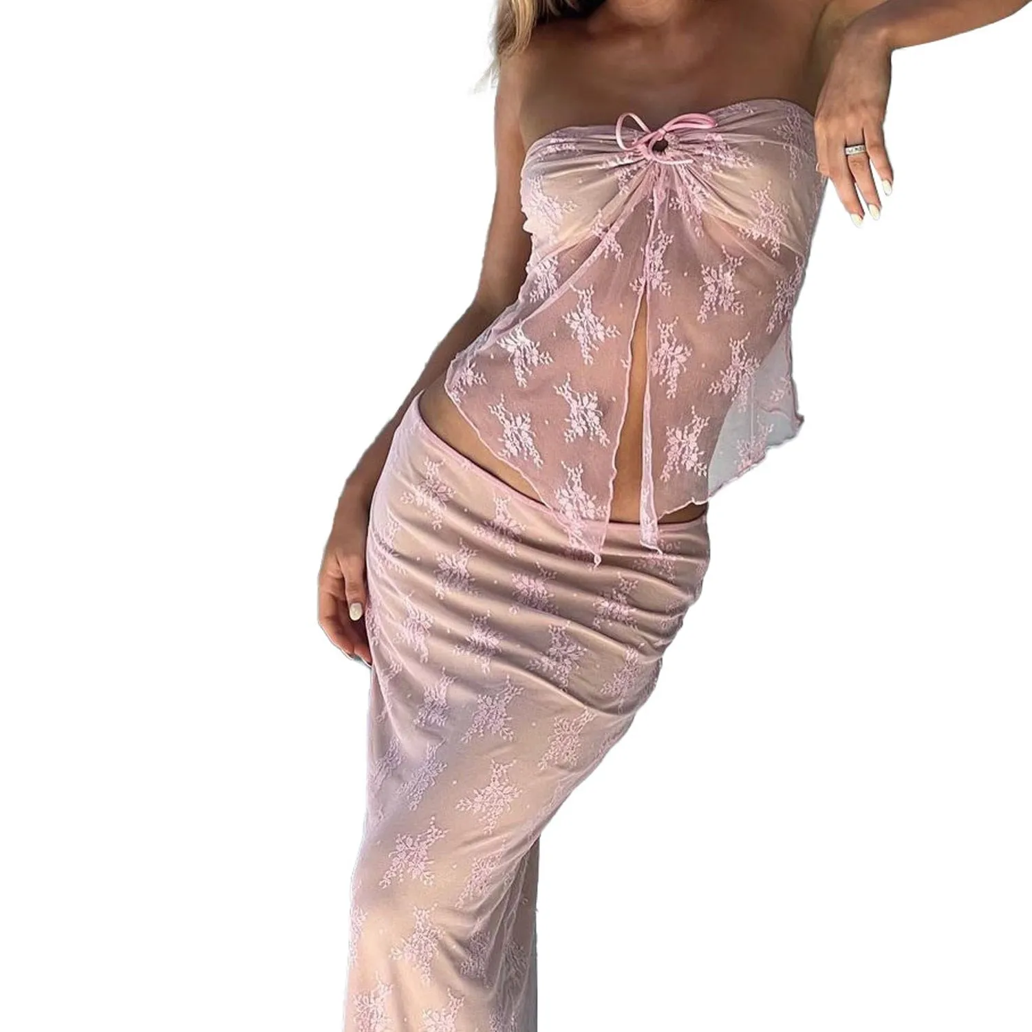 Women's Strapless Off Shoulder Tube Top   Long Skirt 2pcs Set See Through Tank Low Waist Long Skirt
