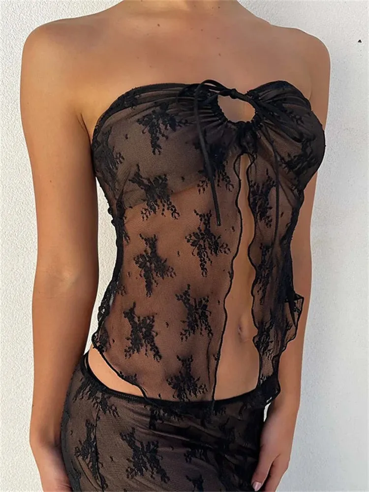 Women's Strapless Off Shoulder Tube Top   Long Skirt 2pcs Set See Through Tank Low Waist Long Skirt