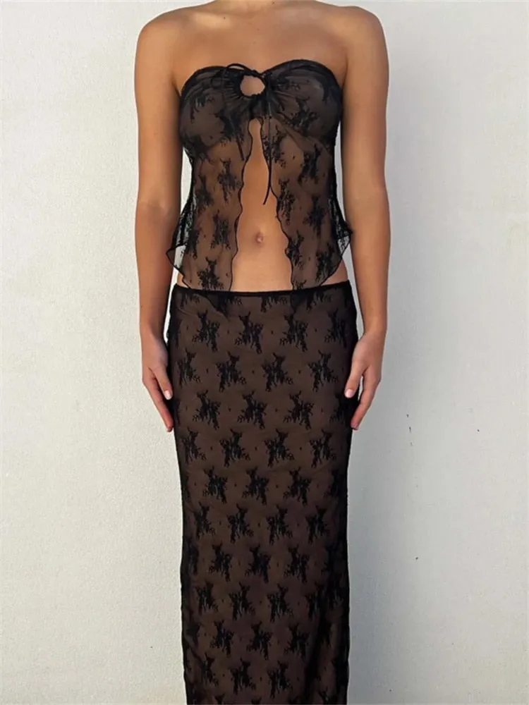 Women's Strapless Off Shoulder Tube Top   Long Skirt 2pcs Set See Through Tank Low Waist Long Skirt