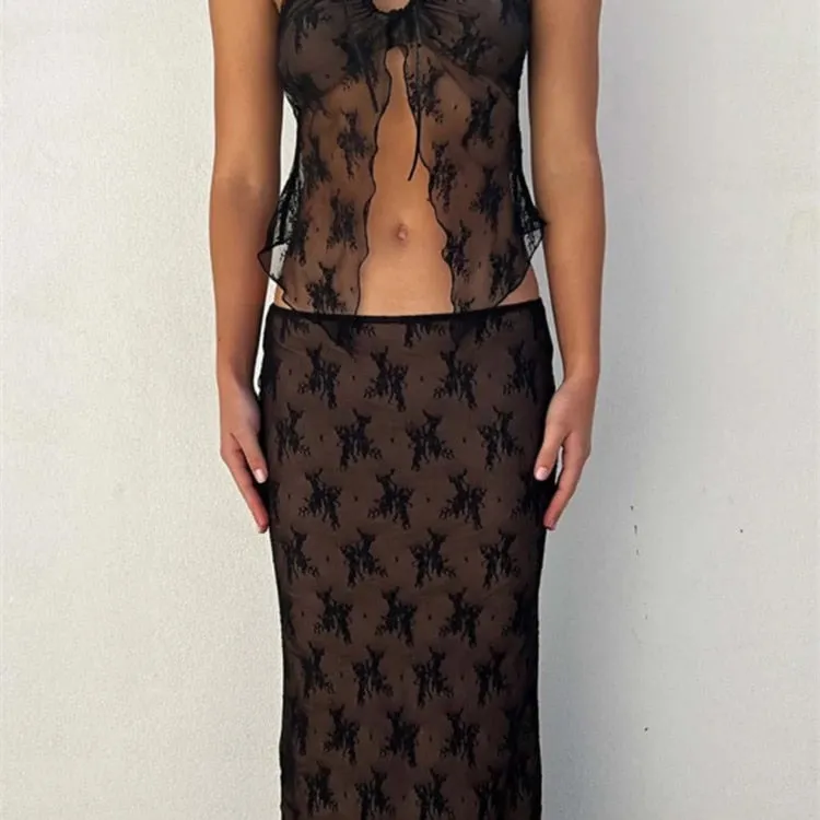Women's Strapless Off Shoulder Tube Top   Long Skirt 2pcs Set See Through Tank Low Waist Long Skirt