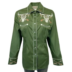 Women's Vintage Western Shirt Collection: Rockmount Green Steer Skull