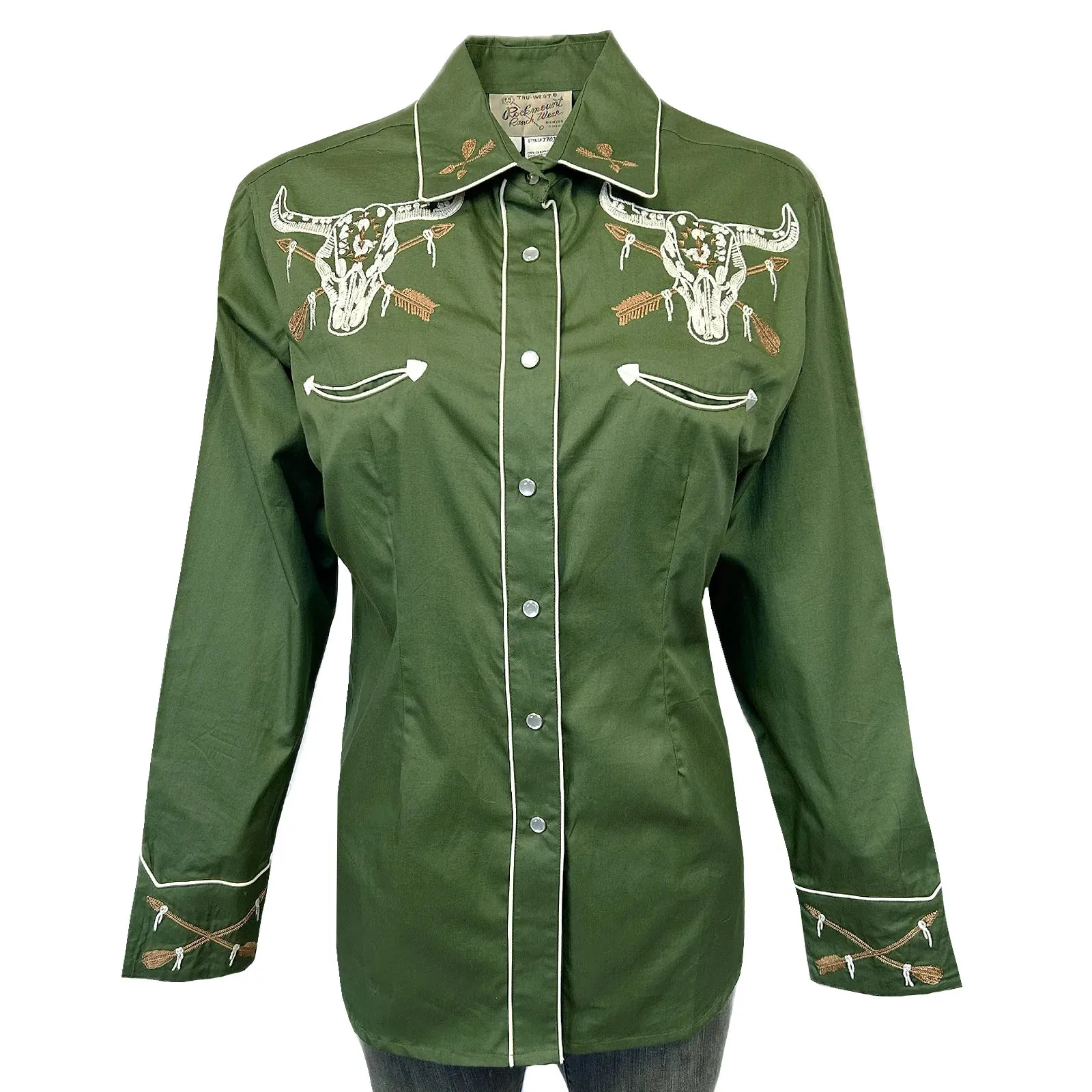 Women's Vintage Western Shirt Collection: Rockmount Green Steer Skull