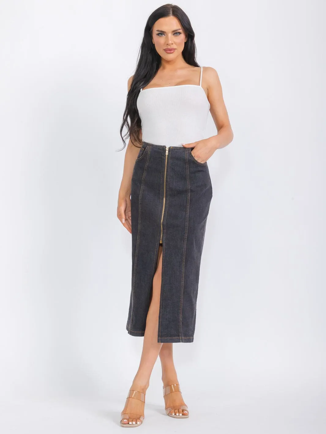 WOMEN'S ZIP UP POCKETS DENIM MIDI PENCIL SKIRT