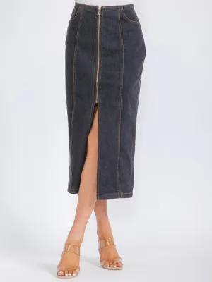WOMEN'S ZIP UP POCKETS DENIM MIDI PENCIL SKIRT