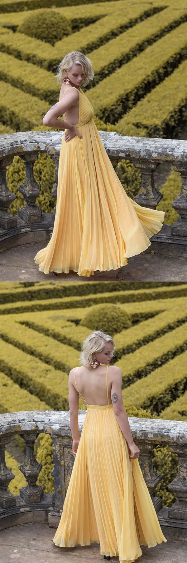 Yellow chiffon long prom dress, yellow evening dress