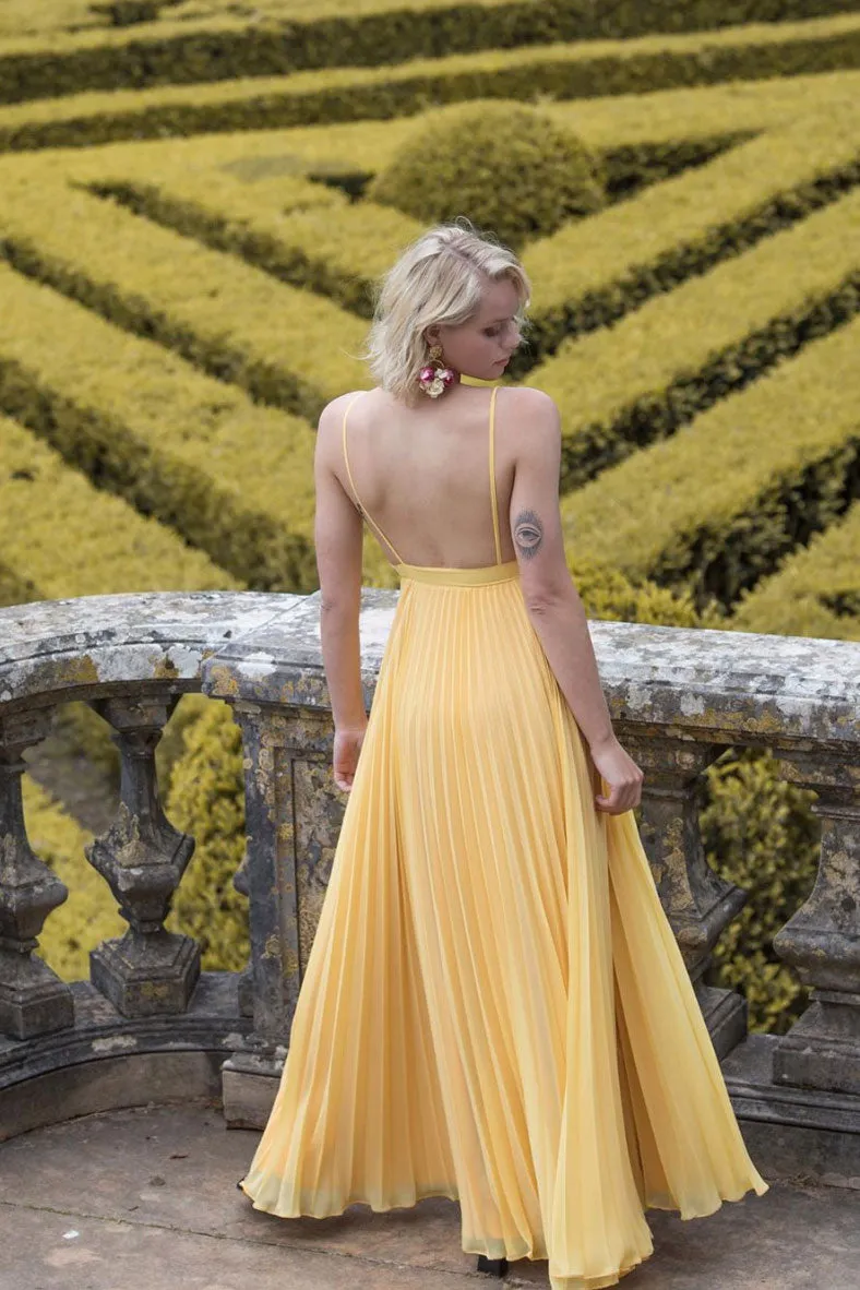 Yellow chiffon long prom dress, yellow evening dress