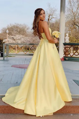 Yellow sweetheart backless long prom dress, yellow evening dress