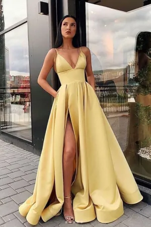 Yellow v neck satin long prom dress, yellow evening dress